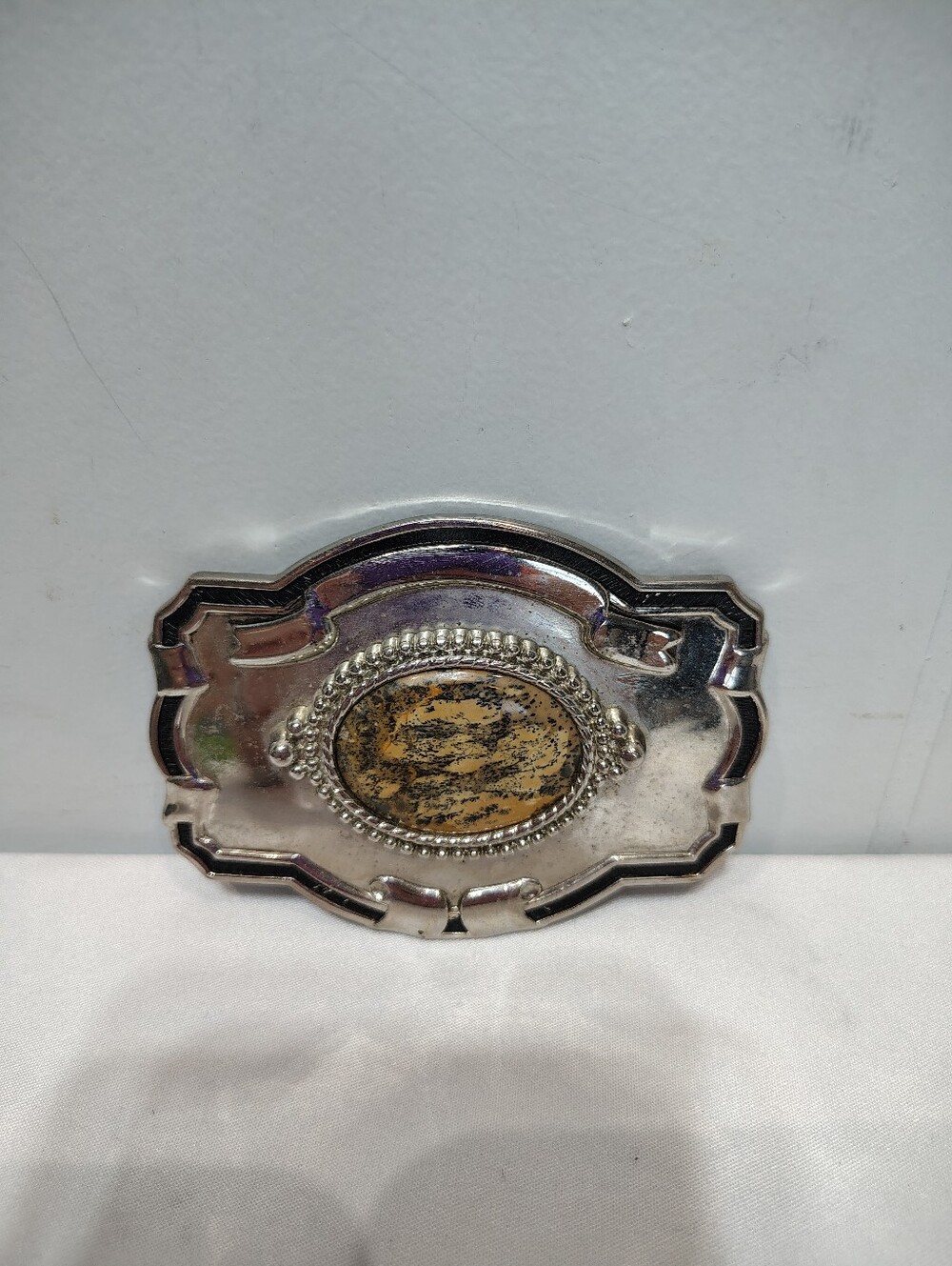 Vintage Silver Tone Trophy Belt Buckle Dendritic Agate Picture Jasper Stone